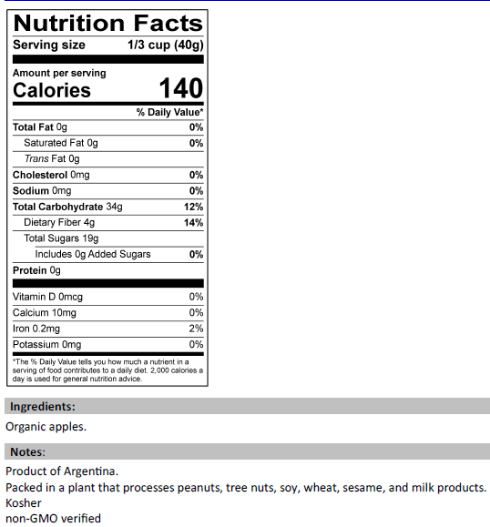 Nutrition Facts for Dried Organic Apples