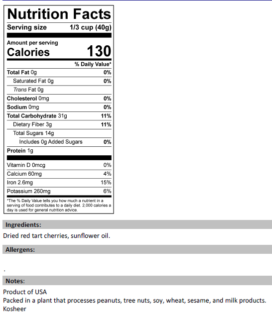 Nutrition Facts for Unsweetened Dried Sour Tart Cherries 