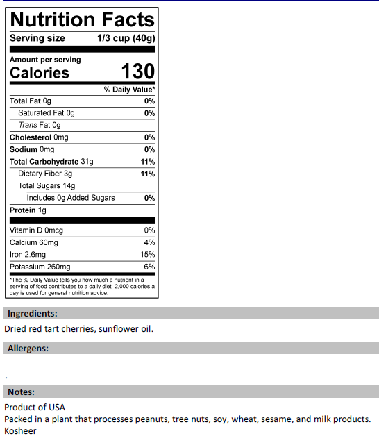 Nutrition Facts for Unsweetened Dried Sour Tart Cherries
