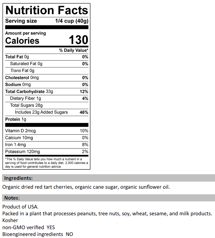Nutrition Facts for Organic Dried Cherries