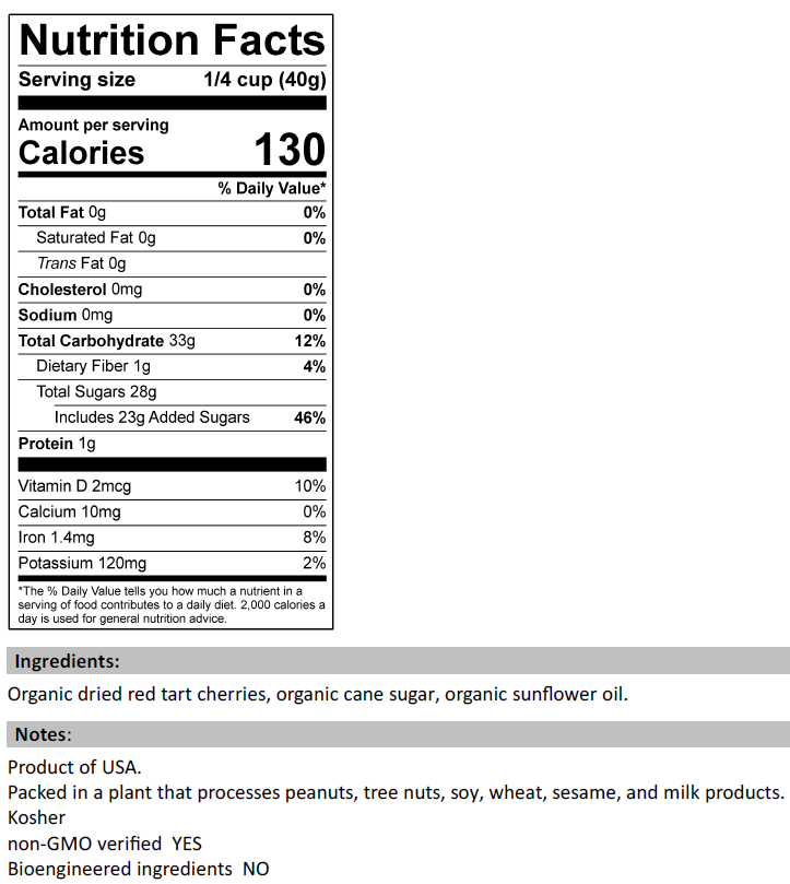 Nutrition Facts for Organic Dried Cranberries - Sweetened