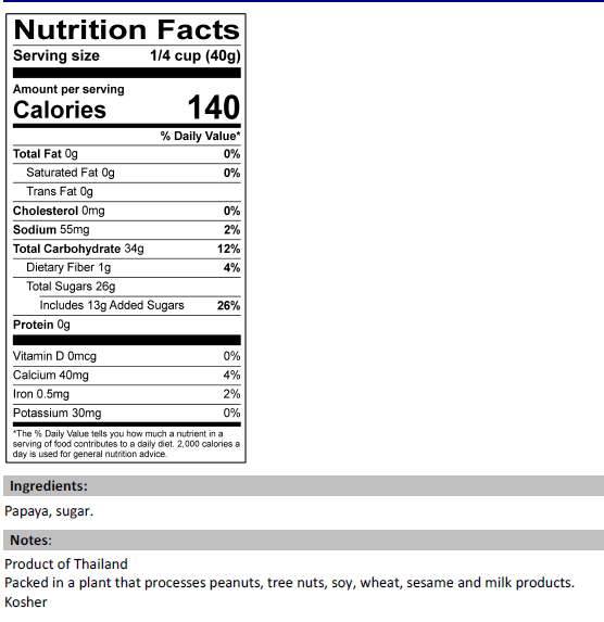Diced Dried Papaya Nutrition Facts