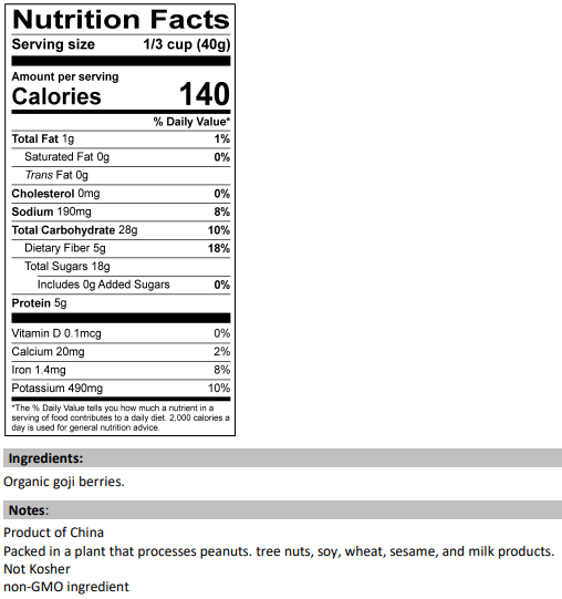 Nutrition Facts for Organic Goji Berries