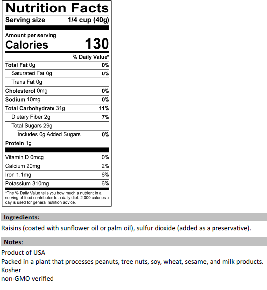 Nutrition Facts for Golden Raisins