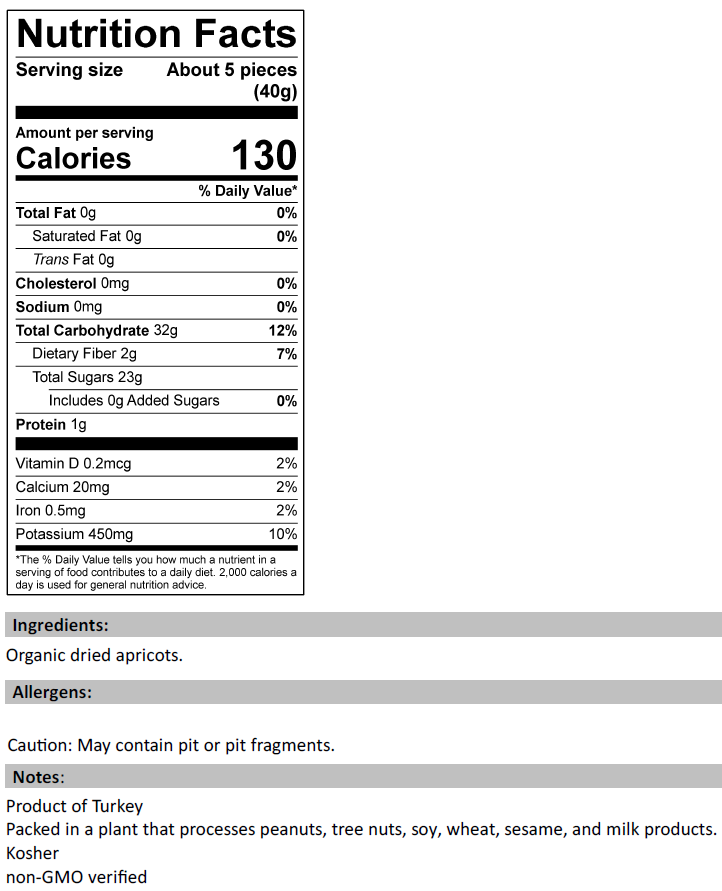 Nutrition Facts for Organic Dried Apricots (Turkish)