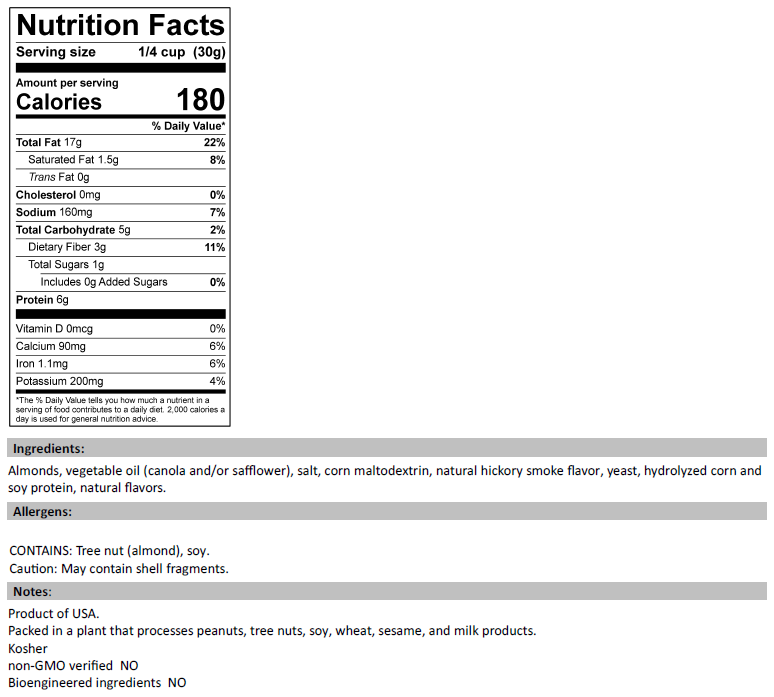Nutrition Facts for Hickory Smoked Almonds