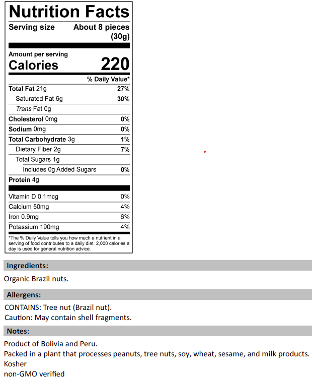 Nutrition Facts for Organic Brazil Nuts