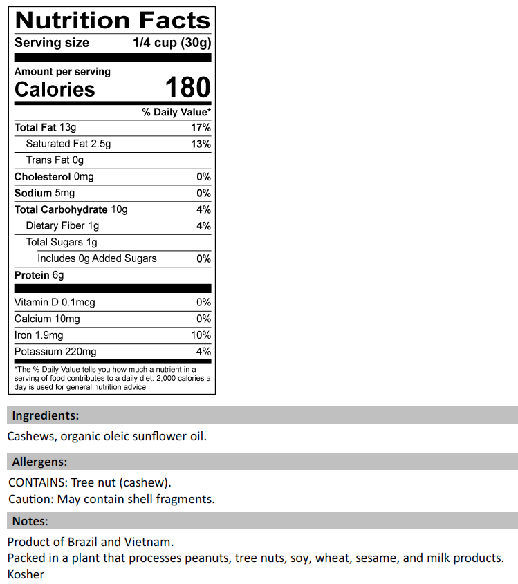 Roasted Unsalted Cashews