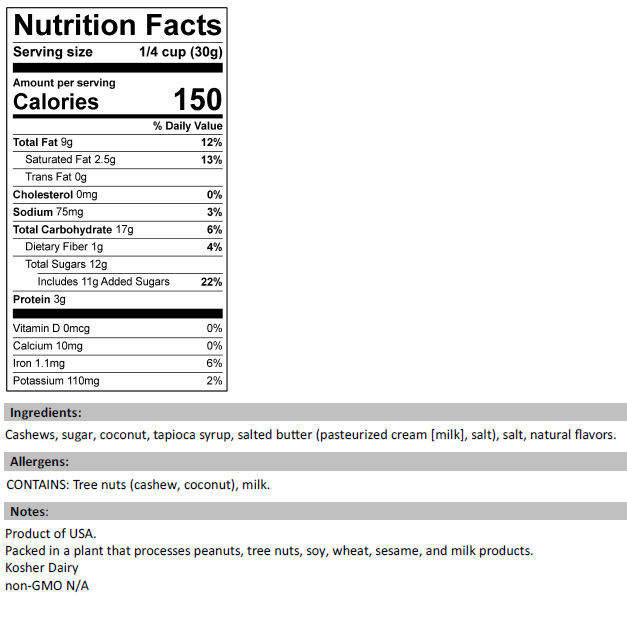 Coconut cashews nutrition facts