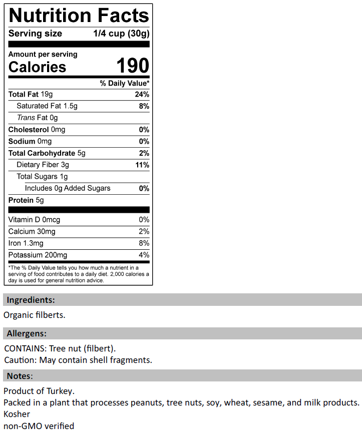 Nutrition Facts for Organic Filberts (Hazelnuts)