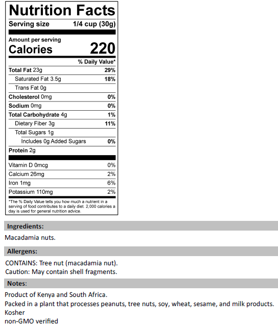 Nutrition Facts for Dry Roasted Macadamia Nuts, Unsalted