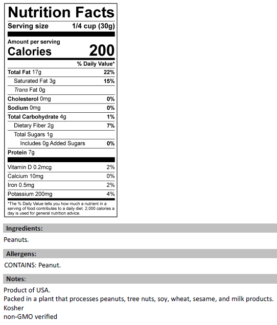 Nutrition Facts for Jumbo Dry Roasted Peanuts (Unsalted)
