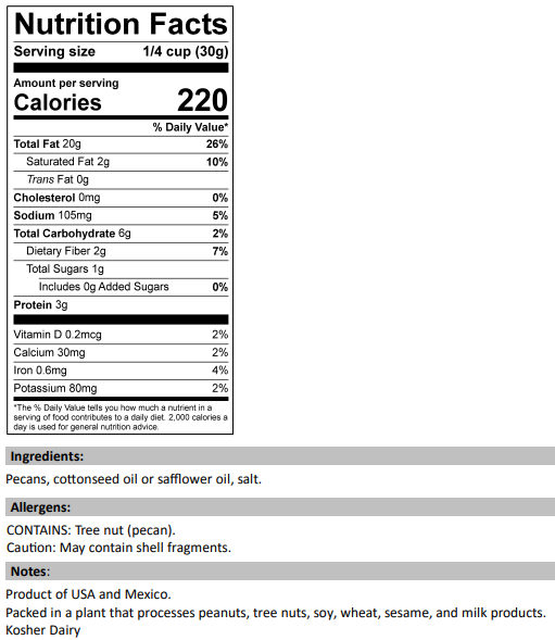Nutrition Facts for Pecan Halves Roasted & Salted (Jr. Mammoth)
