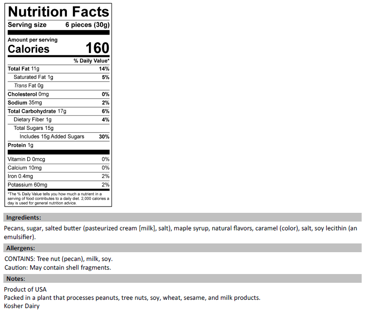 Nutrition Facts for Maple Toasted Pecans