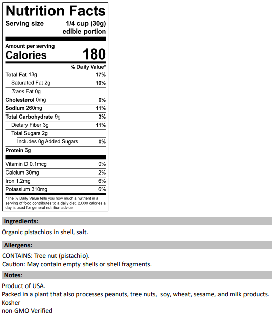 Nutrition Facts for Organic Dry-Roasted & Salted Pistachios