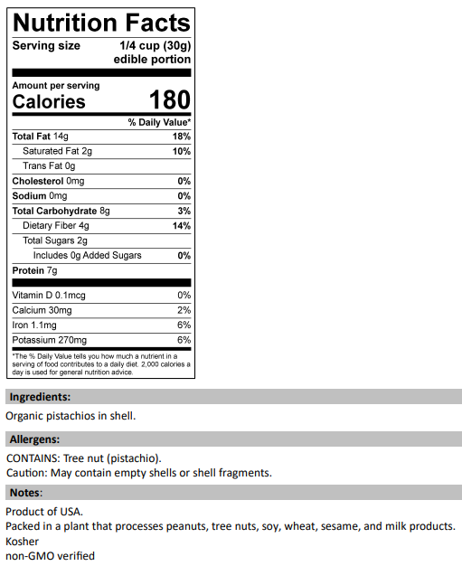 Nutrition Facts for Organic, Dry-roasted, Unsalted Pistachios, In-Shell