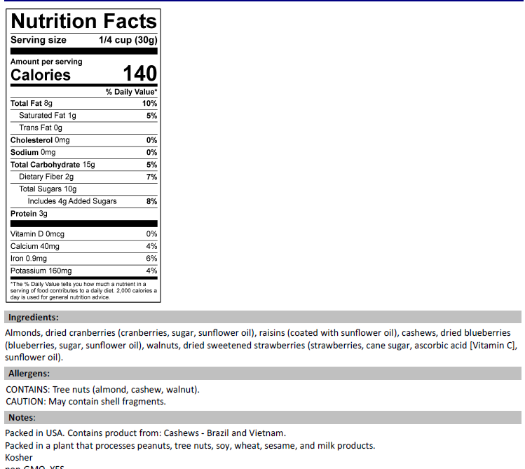 Antioxidant Trail Mix Nutrition Facts