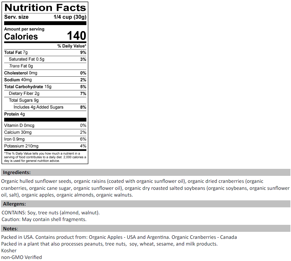 Nutrition Facts for Organic Energy Trail Mix