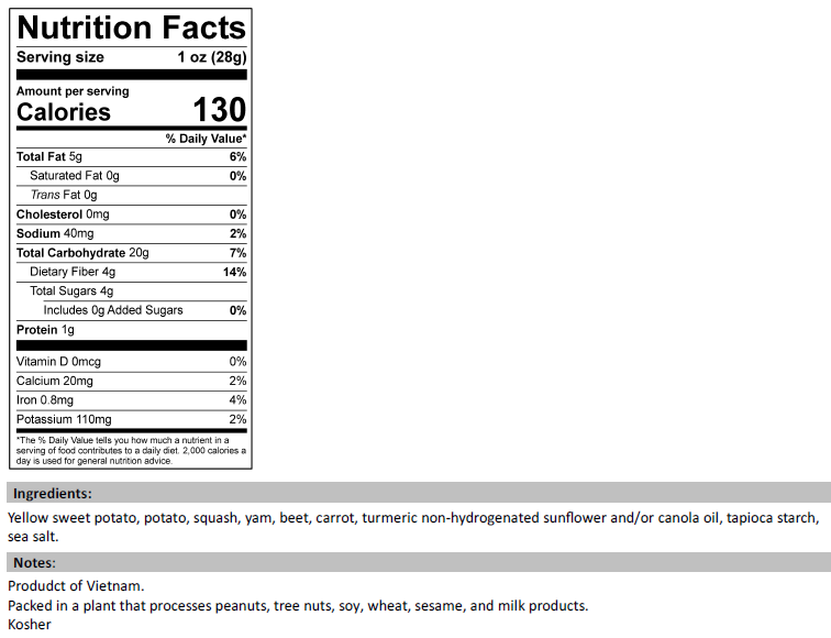 Nutrition Facts for Mixed Root Vegetable Chips