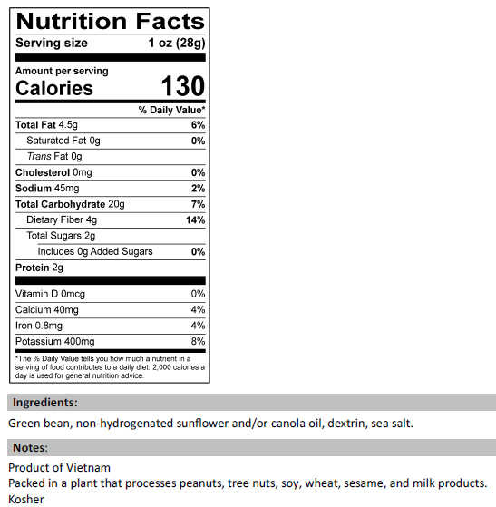 Nutrition Facts for Green Bean Chips