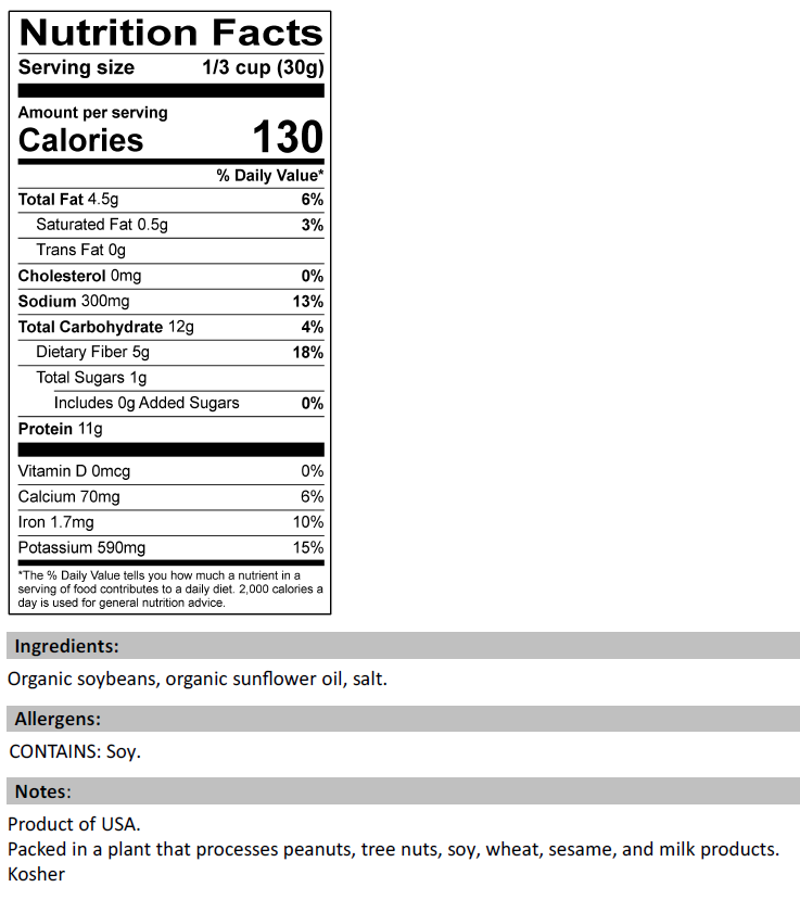Nutrition Facts for Organic Dry Roasted Soy Nuts - Salted