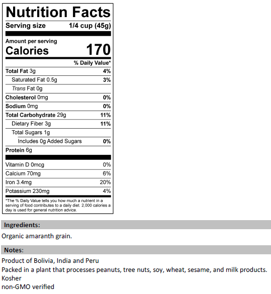 Nutrition Facts for Organic Amaranth