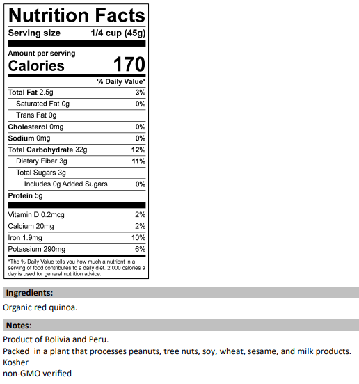 Nutrition Facts for Organic Red Quinoa