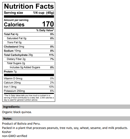 Nutrition Facts for Organic Black Quinoa