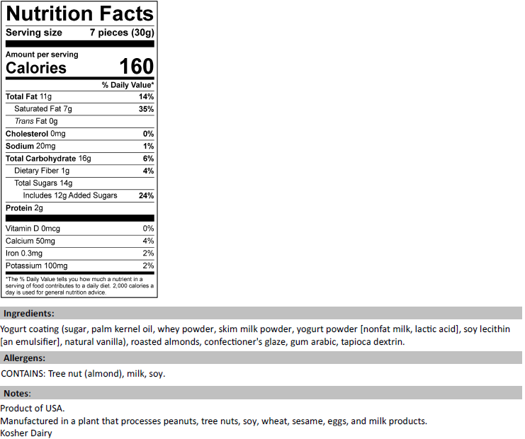 Nutrition Facts for Natural Yogurt Covered Cranberries