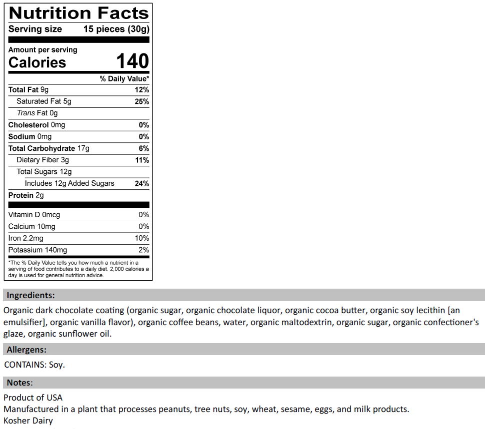 Nutrition Facts for Organic Dark Chocolate Covered Coffee Beans