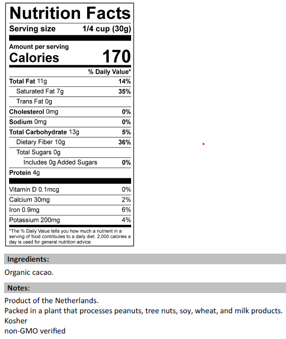 Nutrition Facts for Organic Cacao Nibs