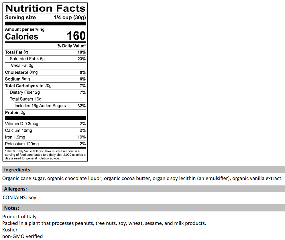 Nutrition Facts for Organic Dark Chocolate Chips