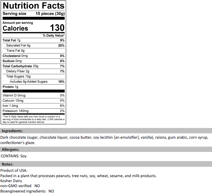 Dark Chocolate Covered Raisins Nutrition Facts