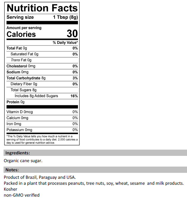 Nutrition Facts for Organic Cane Sugar