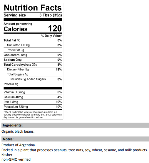 Nutrition Facts for Organic Turtle Black Beans