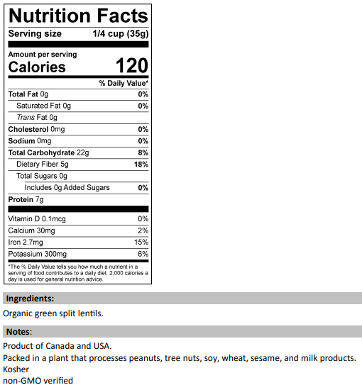 Nutrition Facts for Organic Green Lentils