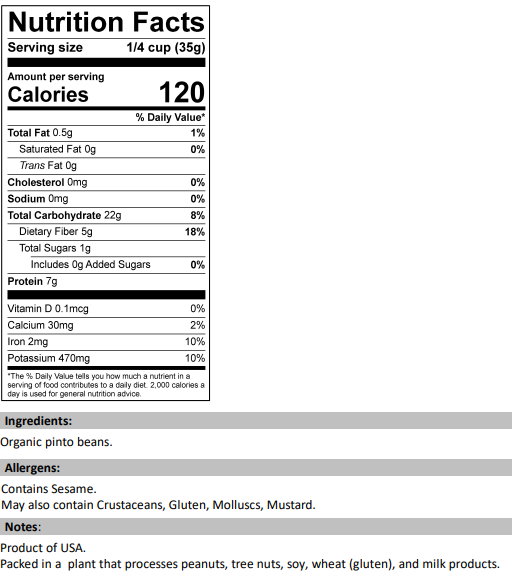 Nutrition Facts for Organic Pinto Beans