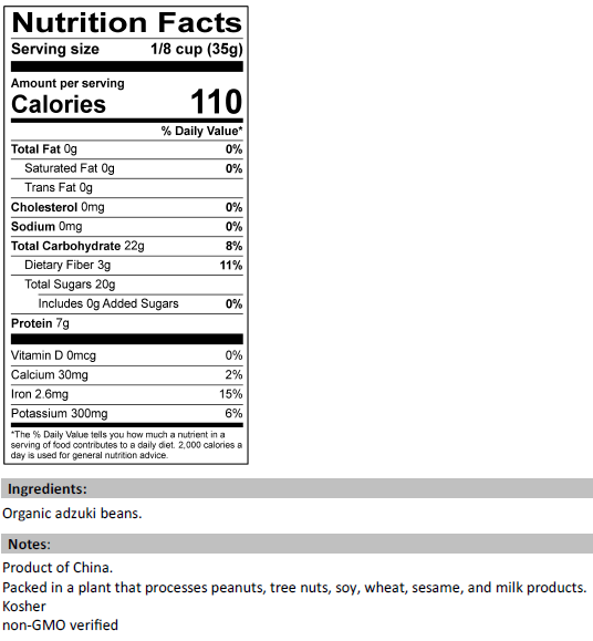 Nutrition Facts for Organic Adzuki Beans