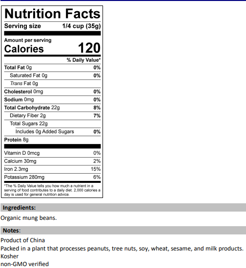 Nutrition Facts for Organic Mung Beans