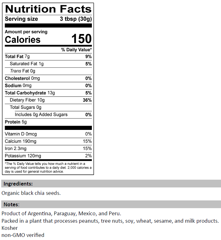 Nutrition Facts for Organic Chia Seeds