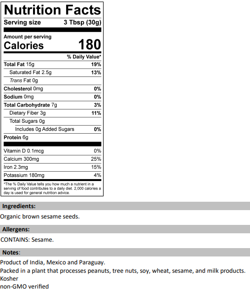 Nutrition Facts for Organic Brown Sesame Seeds