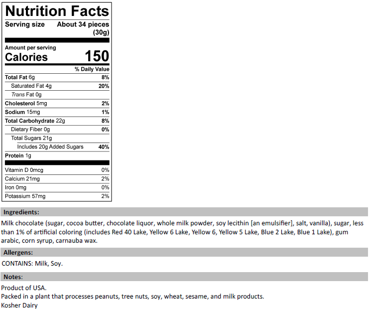 Nutrition Facts for Milk Chocolate Gems
