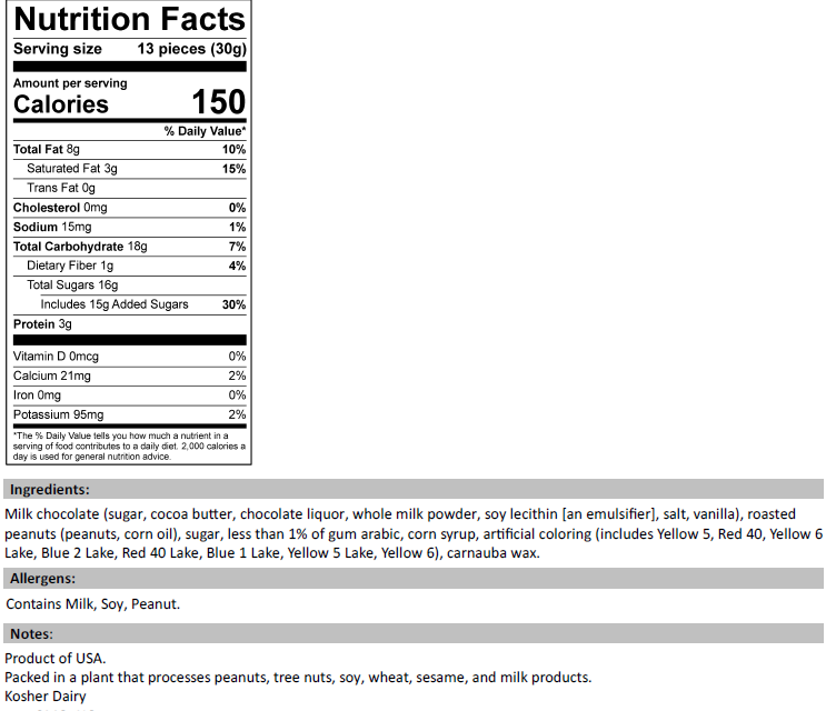 Nutrition Facts for Milk Chocolate Peanut Gems