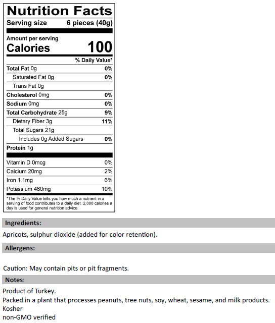 Nutrition Facts for Dried Turkish Apricots