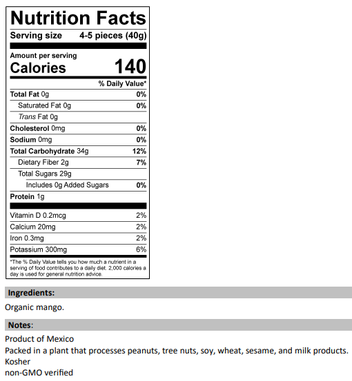 Nutrition Facts for Organic Mango Slices