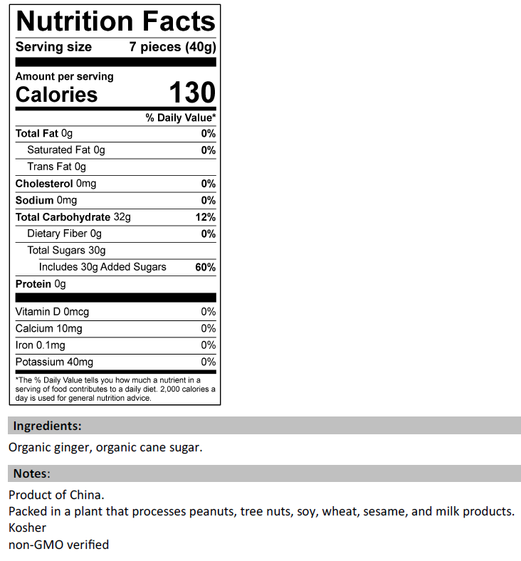 Nutrition Facts for Organic Crystallized Ginger Cubes