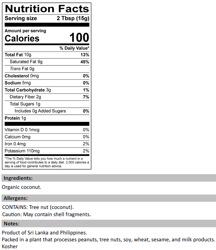 Nutrition Facts for Organic Coconut Shred - Unsulphured