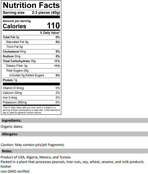 Nutrition Facts for Organic Pitted Dates | Deglet Noor