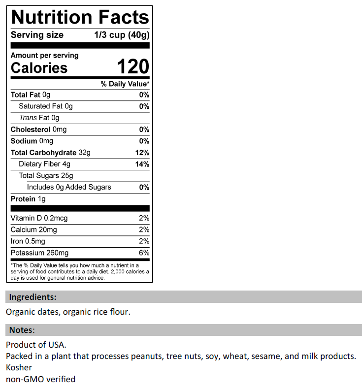 Nutrition Facts for Organic Chopped Dates (with rice flour)