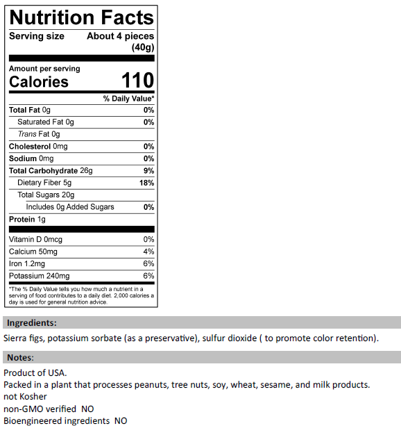 Nutrition facts for Dried Sierra Figs 